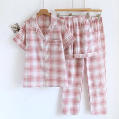 Pajama Set: Short-Sleeve Lapel Collar Plaid Button-Up Top + Shorts + Pants