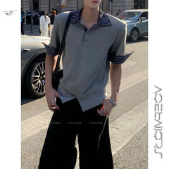 Mock Two-Piece Short-Sleeve Striped Collar Polo Shirt