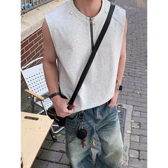 Sleeveless Round Neck Plain Half Zip T-Shirt