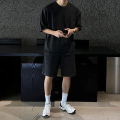 Short-Sleeve Round Neck Plain T-Shirt / Drawstring Waist Shorts