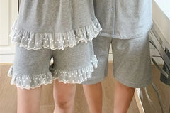 Couple Matching Short-Sleeve Lapel Collar Contrast Trim Button Pajama Top / Lace Trim Tank Top / Lounge Shorts / Set (Various Designs)