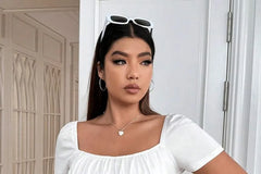 Plus Size Short Sleeve Square-Neck Plain Ruched Slim-Fit Crop Top