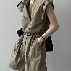 Short-Sleeve Plain Drawstring Romper