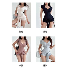 Short-Sleeve Notch Neck Plain Knot Zip Slim Fit Romper