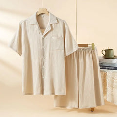 Pajama Set: Short-Sleeve Lapel Collar Plain Button Top + Lounge Shorts