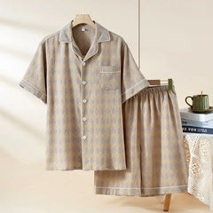 Pajama Set: Short-Sleeve Lapel Collar Argyle Button Top + Lounge Shorts