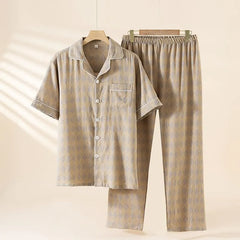 Pajama Set: Short-Sleeve Lapel Collar Argyle Button Top + Lounge Shorts