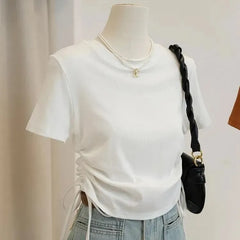Short-Sleeve Crew Neck Plain Lace Up T-Shirt
