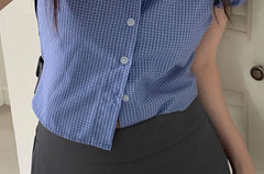 Puff Sleeve V-Neck Plaid Slim-Fit Crop Shirt