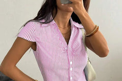 Short Sleeve V-Neck Striped Tie-Back Slim-Fit Shirt