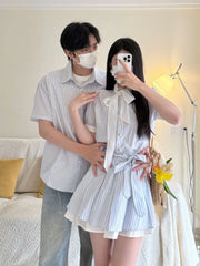 Couple Matching Short-Sleeve Collared Striped Button Up Shirt / Short-Sleeve Tie Neck Mini A-Line Dress