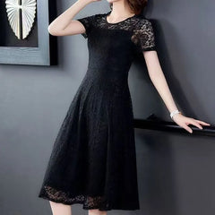 Short-Sleeve Round Neck Plain Lace Midi A-Line Dress
