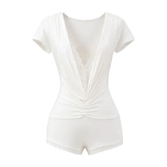 Short-Sleeve V-Neck Plain Lace Panel Ruched Romper