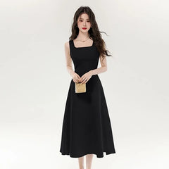 Sleeveless Square Neck Plain Midi A-Line Dress
