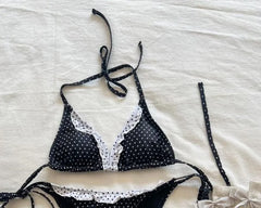 Set: Halter Dotted Lace Trim Bikini Top + Bottom + Cover Up Skirt