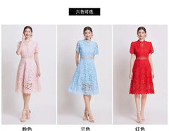 Short Sleeve Mock Neck Plain Crochet Lace Midi A-Line Dress