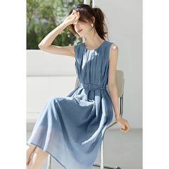 Sleeveless Round Neck Plain Belted Midi A-Line Dress