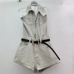Set: Halter Roll Up Hem Zip Denim Wide Leg Romper + Belt