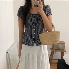 Short Sleeve Scoop Neck Plaid Frill Blouse