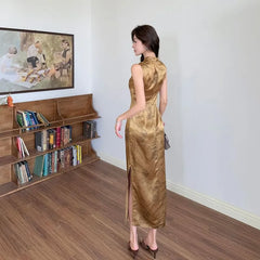 Sleeveless Stand Collar Tie Dye Slit Satin Midi Sheath Qipao