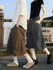 Mid Rise Plain Cargo Wide Leg Jorts