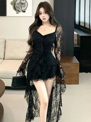 Long-Sleeve V-Neck Asymmetrical Ruffle Trim Lace High Low Dress