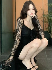 Long-Sleeve V-Neck Asymmetrical Ruffle Trim Lace High Low Dress