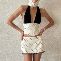 Halter V-Neck Color-Block Dotted Corset Tank Top / Low Rise Mini Pencil Skirt