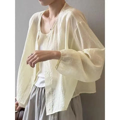 Puff-Sleeve Plain Button-Up Blouse