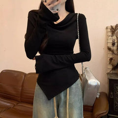 Long-Sleeve Cowl Neck Plain Asymmetrical T-Shirt