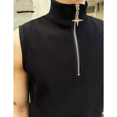 Sleeveless Plain Ribbed Half-Zip High Neck Top