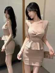 Sleeveless Square Neck Plain Peplum Mini Sheath Dress