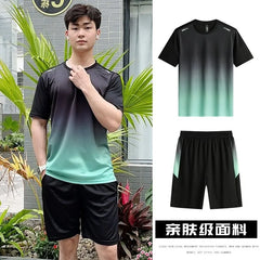 Set: Short Sleeve Crew Neck Gradient Sports T-Shirt + Elastic Waist Shorts