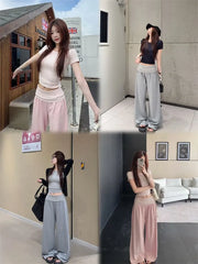 Short-Sleeve Crew Neck Crop Slim Fit T-Shirt / Mid Rise Baggy Pants