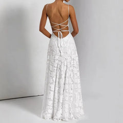Spaghetti Strap Midi A-Line Lace Dress