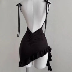 Spaghetti Strap Plain Open Back Ruffle Asymmetrical Mini Bodycon Dress