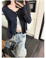 V-Neck Plain Lace Trim Button Up Cardigan