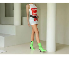 High Heel Faux Leather Pointy Studded Short Boots
