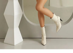 High Heel Faux Leather Pointy Studded Short Boots