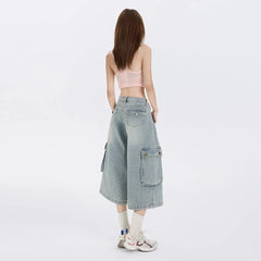 Mid Rise Washed Capri Wide Leg Cargo Jeans