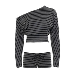 Long Sleeve Off Shoulder Striped Slim-Fit Crop Top / Low Waist Hot Pants