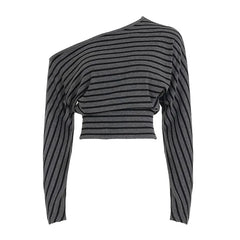 Long Sleeve Off Shoulder Striped Slim-Fit Crop Top / Low Waist Hot Pants
