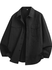 Long-Sleeve Button-Up Plain Textured Shirt