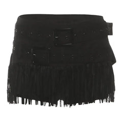 Mid Waist Belt Accent Plain Fringe Mini Pencil Skirt
