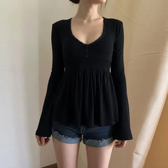 Bell Sleeve V-Neck Lace-Trim Plain A-Line T-Shirt