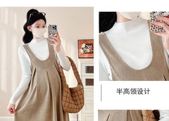 Maternity Long-Sleeve Mock Neck Plain T-Shirt / Scoop Neck Pleated Midi A-Line Overall Dress / Set