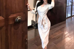 Long-Sleeve V-Neck Tie Waist Lace Midi Sheath Dress