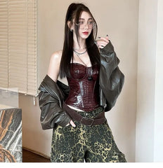 Plain Crocodile Grain Faux Leather Tube Bustier Top