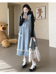 Maternity Long-Sleeve Mock Neck Plain Knit Top / Sleeveless Crew Neck Midi A-Line Dress / Set
