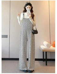 Maternity Long-Sleeve Crew Neck Plain Tee / Striped Wide Leg Jumper Pants / Set